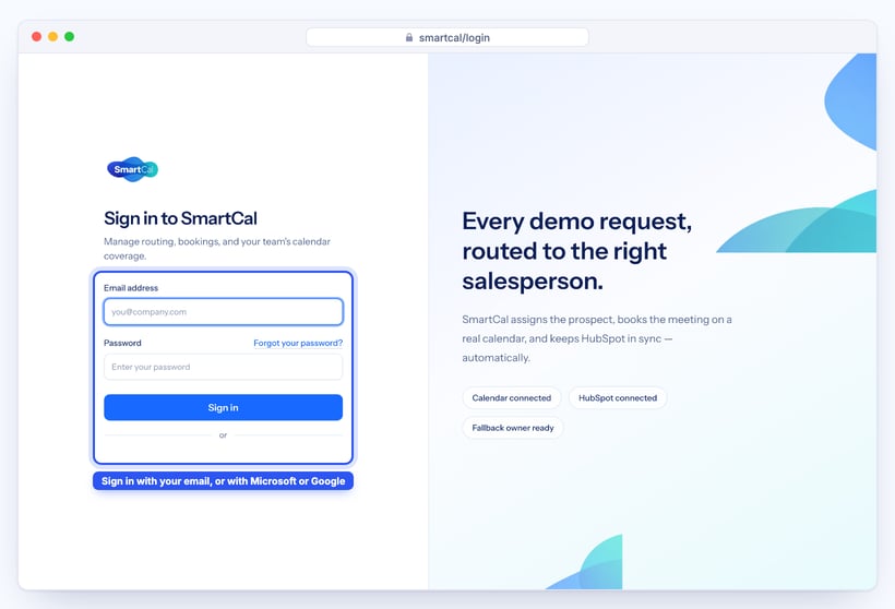 SmartCal sign-in page with email and password fields and single sign-on buttons