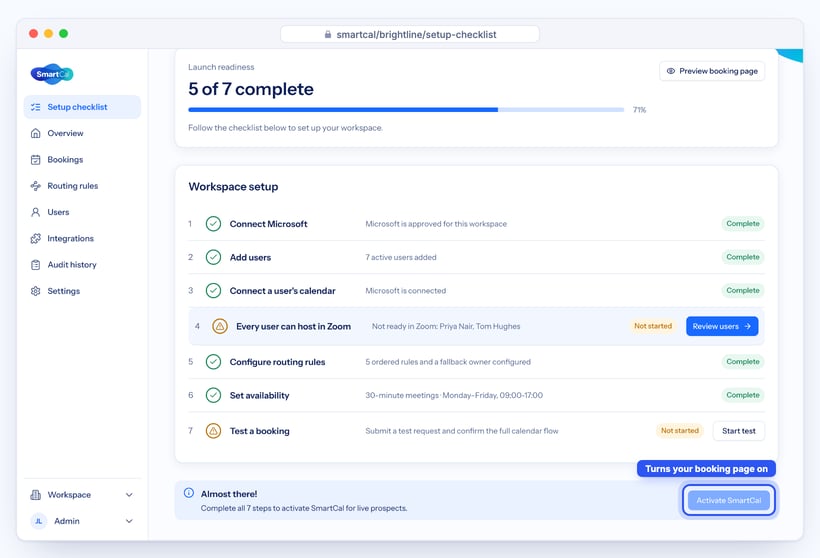 SmartCal Setup checklist with the Activate SmartCal button
