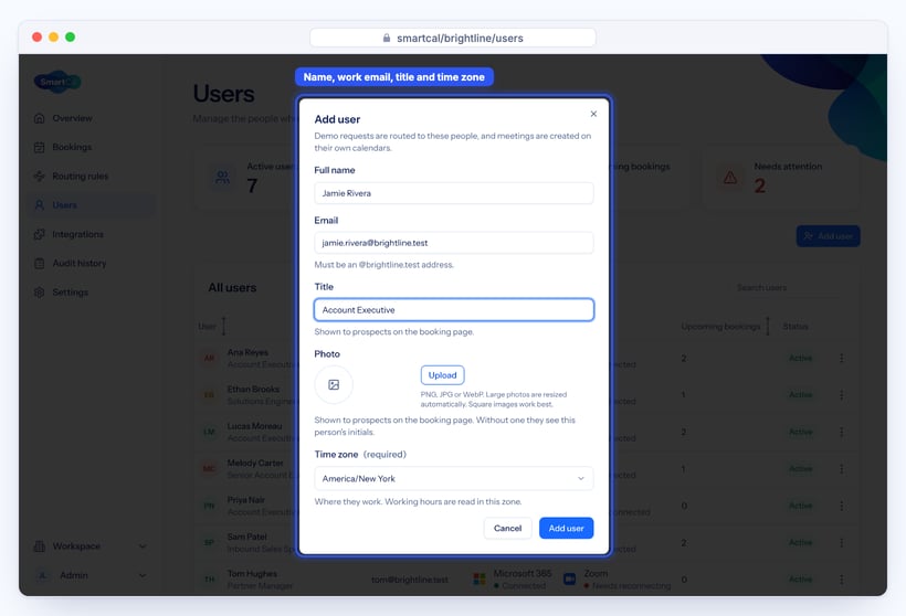 SmartCal Add user dialog filled in with a name, email, title and time zone