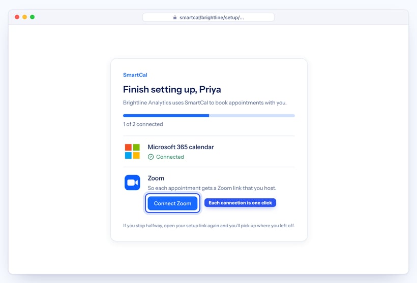 SmartCal setup page for a user, with the calendar connected and a Connect Zoom button