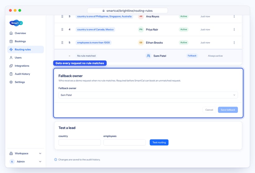 SmartCal fallback owner setting set to Sam Patel
