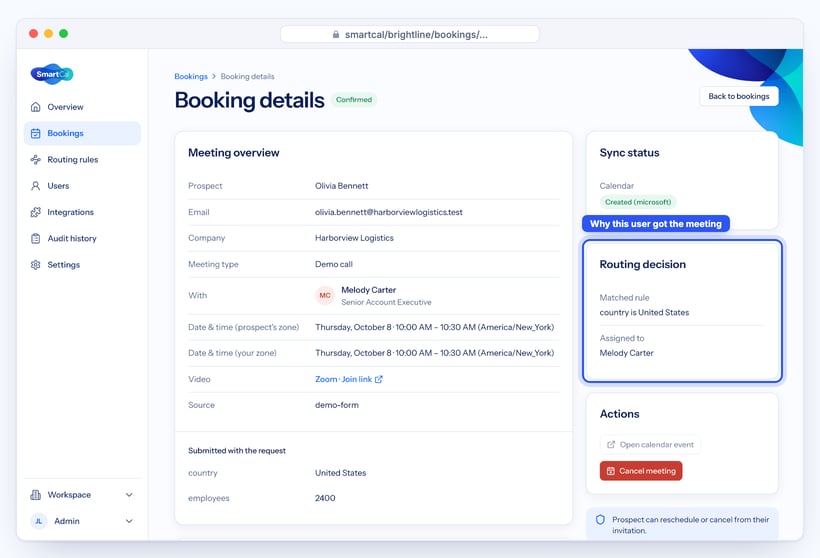 SmartCal Booking details page with the meeting overview, Zoom link, activity history and routing decision