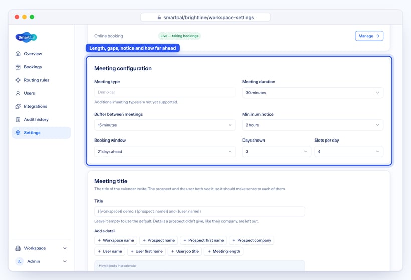 SmartCal Booking settings with meeting duration, buffer, minimum notice and booking window