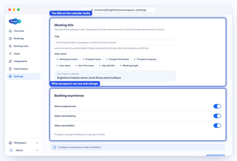 SmartCal Meeting title builder and Booking experience switches