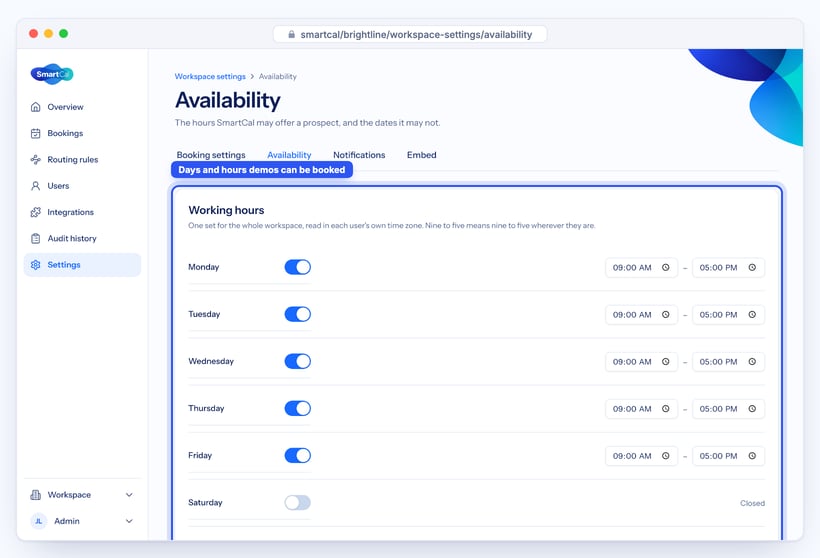 SmartCal Availability settings with working hours Monday to Friday and a closed date