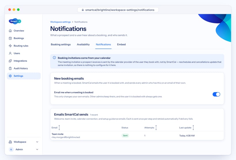 SmartCal Notifications settings with the new booking email switch and the list of emails sent