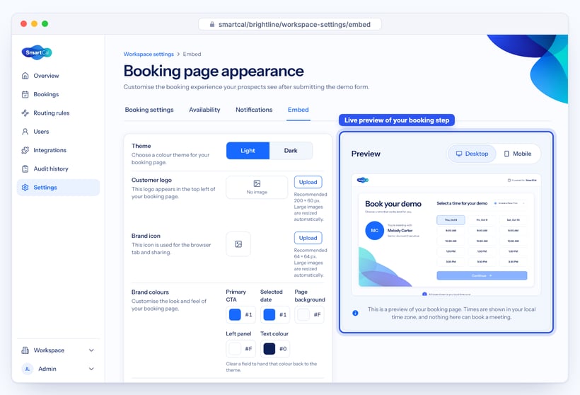 SmartCal Booking page appearance settings with logo, brand colours, text and a live preview