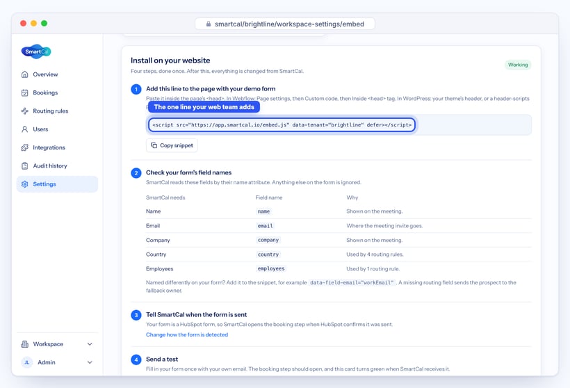 SmartCal Install on your website steps with the embed snippet and the form field names