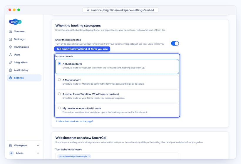 SmartCal When the booking step opens settings with the HubSpot form option selected