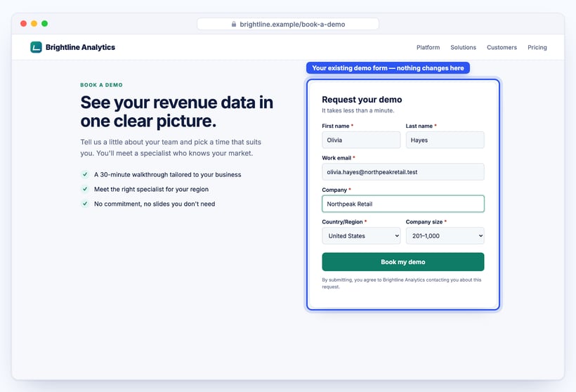 A demo request form on a company website with name, work email, company, country and company size
