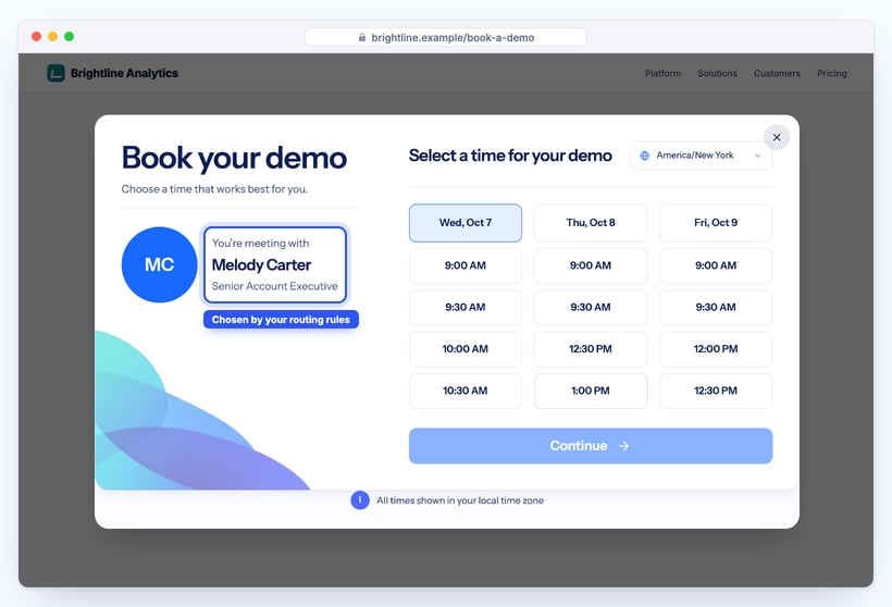 SmartCal booking step showing the assigned user, Melody Carter, and available times
