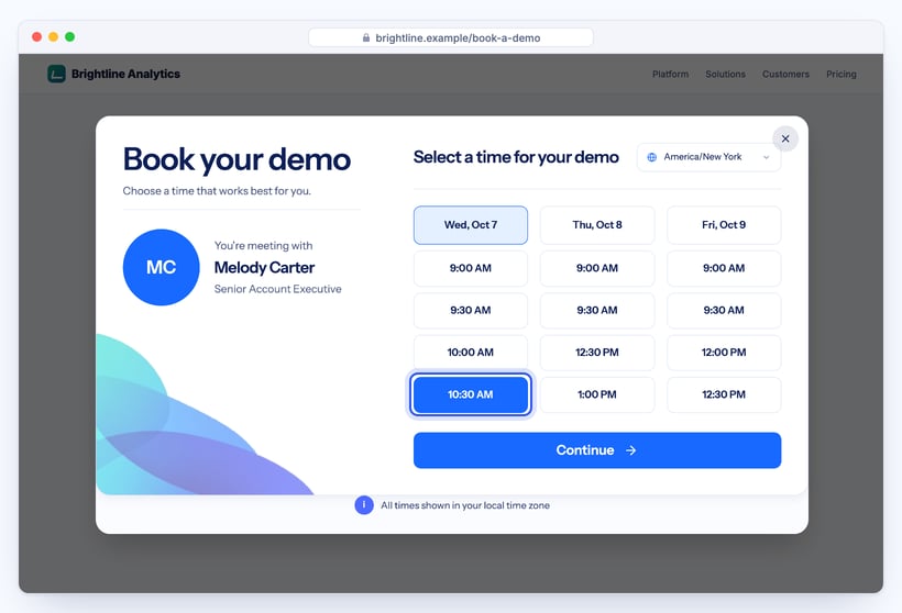 SmartCal booking step with a 10:30 AM time selected