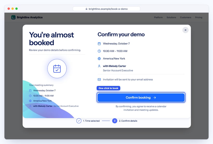 SmartCal confirm your demo screen with date, time, time zone and user