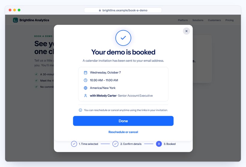 SmartCal confirmation screen: Your demo is booked