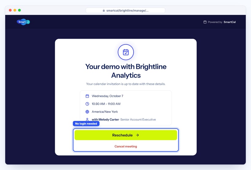 SmartCal page where a prospect can reschedule or cancel their demo