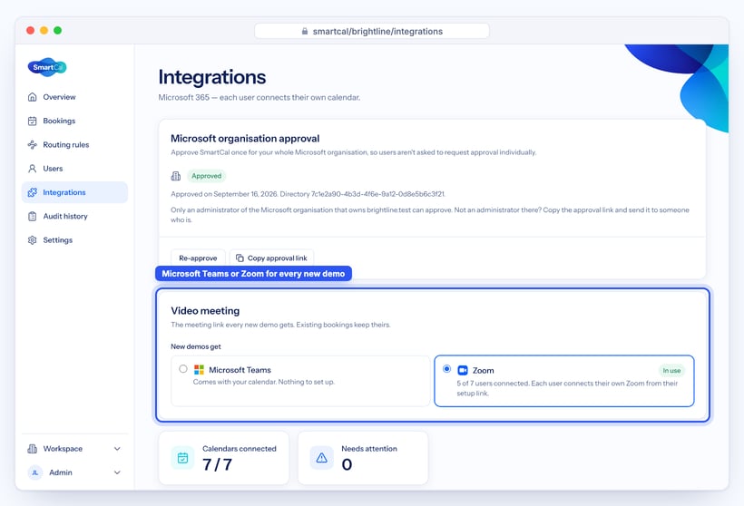 SmartCal Integrations page showing Microsoft organisation approval and the Video meeting choice