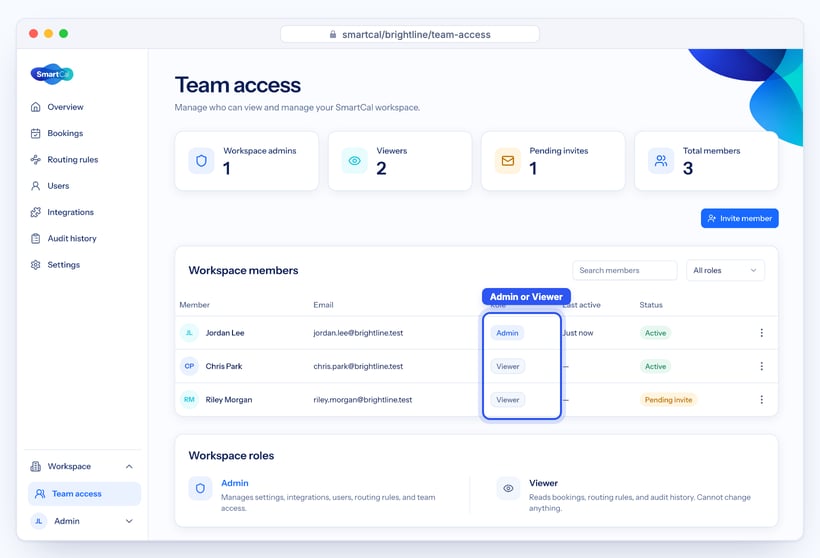 SmartCal Team access page listing workspace members with their role and status