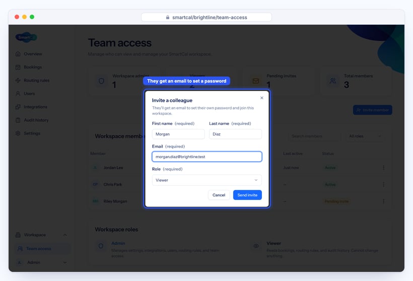 SmartCal Invite a colleague dialog with first name, last name, email and role