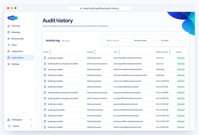 SmartCal Audit history activity log with event, details, user and date