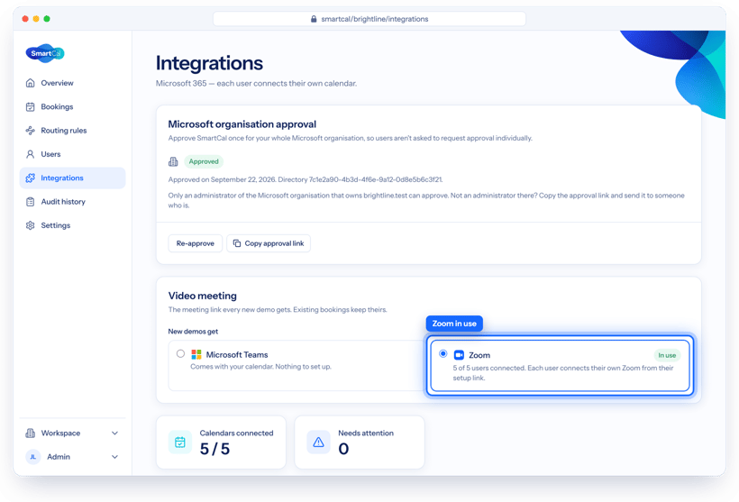 SmartCal Integrations page with Zoom selected as the video meeting provider