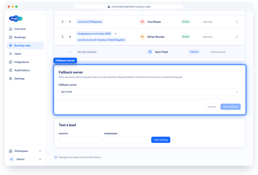 SmartCal fallback owner setting set to Sam Patel