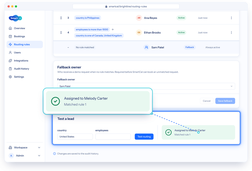 Test a lead in SmartCal routing rules: United States is assigned to Melody Carter