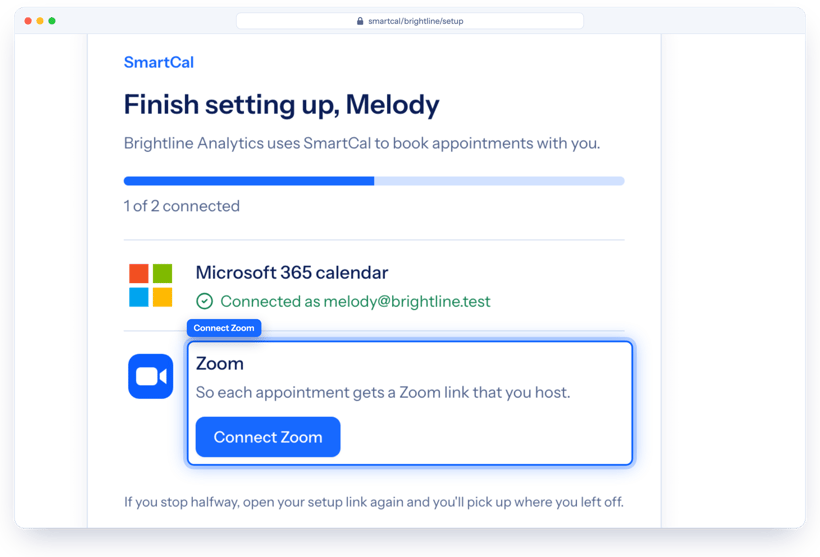 SmartCal user setup page with calendar connected and a Connect Zoom button