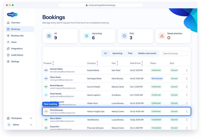 SmartCal Bookings page listing booking records with assigned users and status