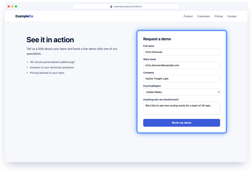 A demo request form on a customer website with name, work email, company and country