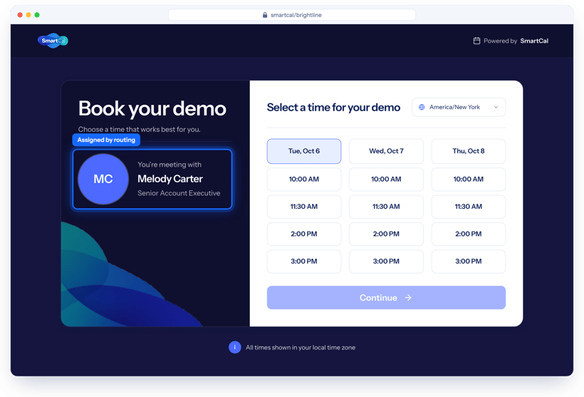 SmartCal booking page showing the assigned salesperson, Melody Carter, and available times