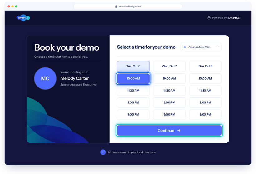 SmartCal booking page with a 10:00 AM time slot selected