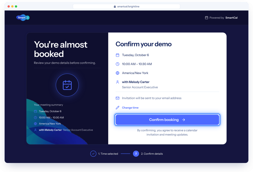 SmartCal confirm your demo screen with date, time, time zone and salesperson