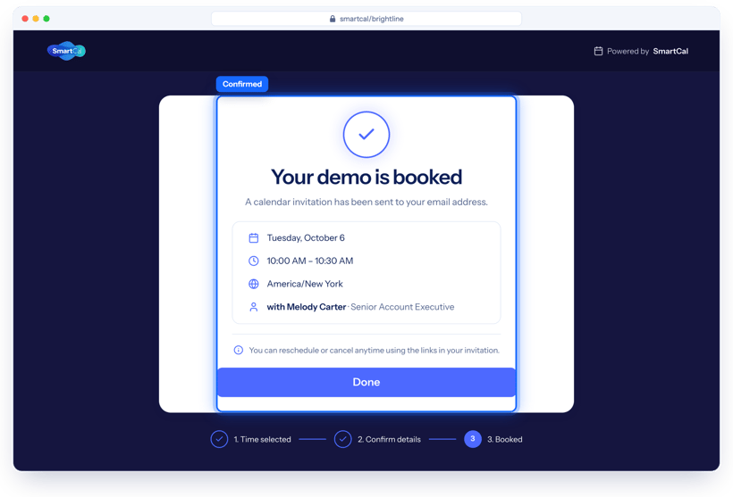 SmartCal confirmation screen: Your demo is booked